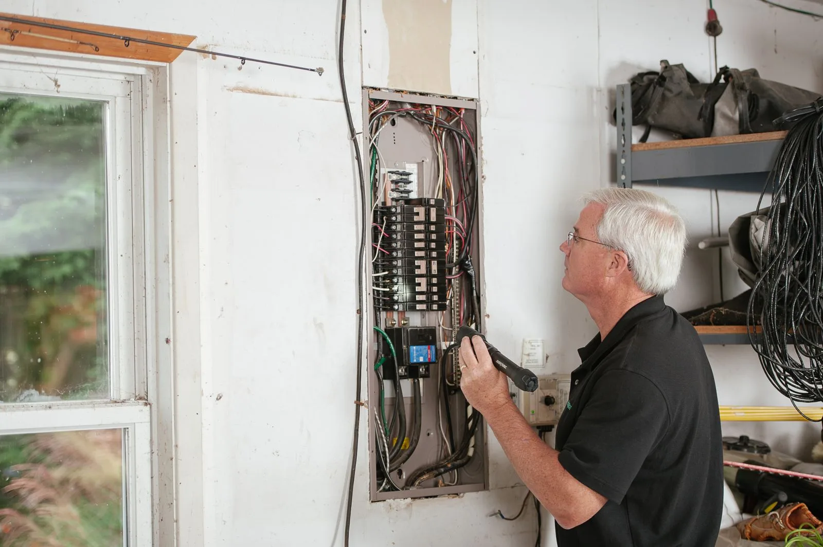 Elektriker prüft die Verkabelung im offenen Sicherungskasten